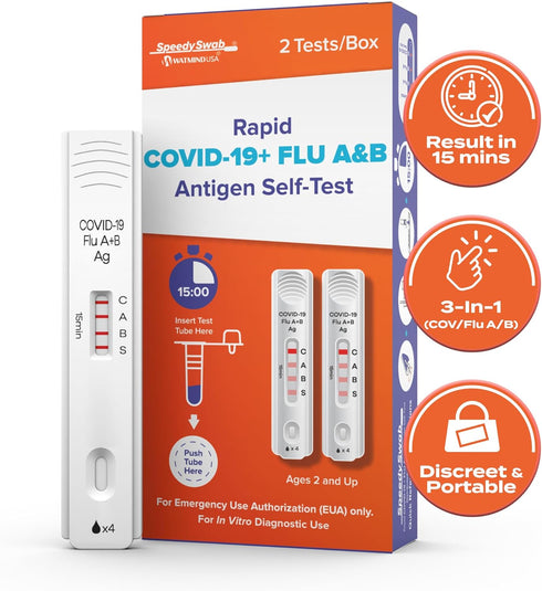 3-in-1 15 (2 Pack) SpeedySwab COVID Test and Flu Test Combo - Rapid Antigen At-Home Kit, Flu A and B, OTC Nasal Swab
