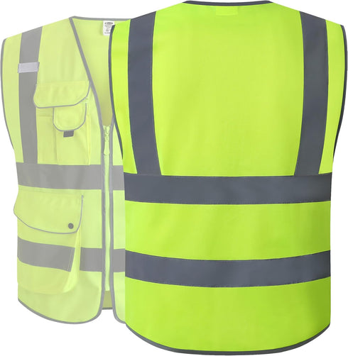 JKSafety Class 2 High Visibility Safety Vest, 9 Pockets, Zipper Front, Meets ANSI/ISEA Standard, Large, 150-Yellow