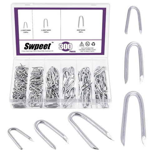 Swpeet 300Pcs Steel Wire Staples Assortment Kit, 3/4" 5/6" 3/2" for Concrete Metal Wire Twisting Fence