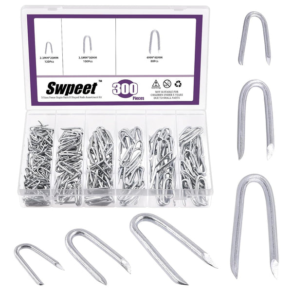 Swpeet 300Pcs Steel Wire Staples Assortment Kit, 3/4" 5/6" 3/2" for Concrete Metal Wire Twisting Fence