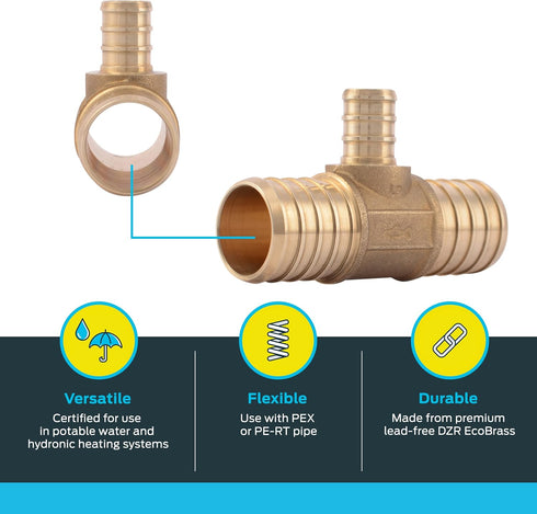 SharkBite Brass Plumbing Fitting Crimp Reducing Tee, 1 Inch x 1 Inch x 1/2 Inch, PEX Pipe, PE-RT, UC415LFA
