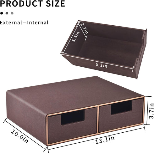 Linen Leather Desk Organizer with Drawers - Mini Stackable Desktop Storage Box for Office Supplies, Home Vanity (Brown)