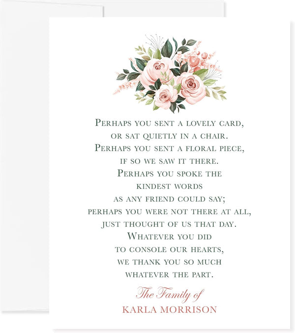 Sympathy Acknowledgement Cards, Personalized Funeral Thank You Cards with Poem and Pink