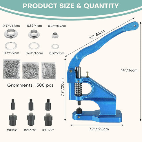 FLK Tech Heavy Duty Hand Press Grommet Machine - Craft/Industrial Use with 1500 Grommets and 3 Dies