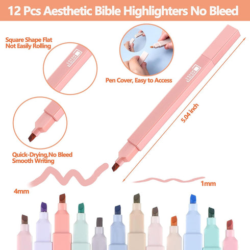 Bible Journaling Kit, Bible Study Supplies with 12Pcs Aesthetic Highlighters No Bleed, 75 Bible Tabs and 6Pcs Color Ink