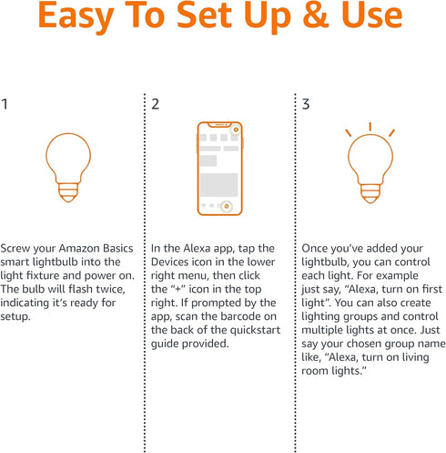 A19 Bulb, Dimmable (2700K), 9W (60W 800LM, 2.4 4-Pack Amazon Basics Smart LED Light Soft White Equivalent), Energy