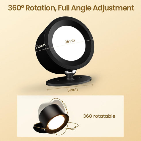 3 3 360Rotate Bedside,Black-2 Pack Wall Mounted Lamp LED Wall Lights with Rechargeable Battery Operated, Color
