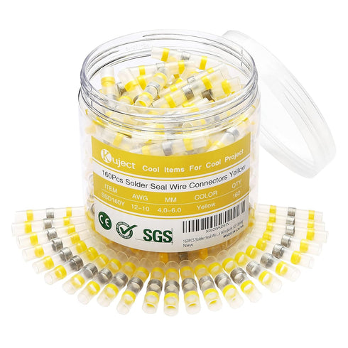Kuject 160PCS Yellow Solder Seal Wire Connectors, Waterproof Self Solder Heat Shrink Butt Connector for Automotive