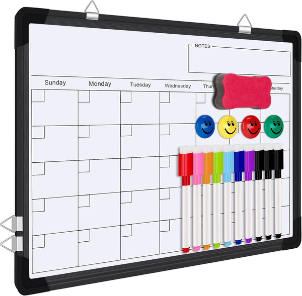 Polegas Magnetic White Board Dry Erase Calendar, 16" x 12" Monthly Calendar for Wall, Small Double Side Board (Black)