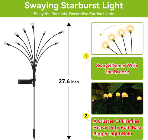 Solar Garden Lights Outdoor Waterproof, 2 Pack 16 LED Decorative Solar Swaying Lights, Solar Firefly Lights Outdoor Garden Decor Lights for Patio, Pathway, Lawn, Warm White by YShengMian