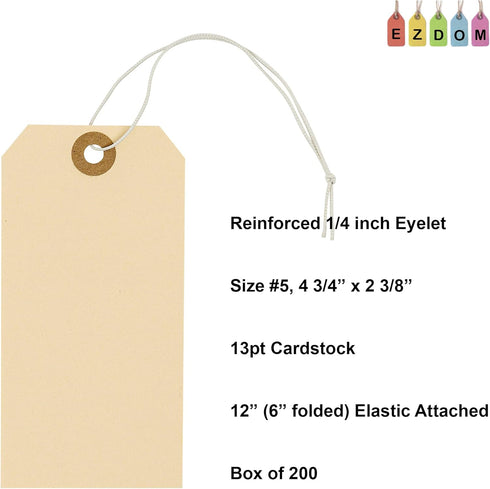 Tags with Elastic String Attached - #5 Manila Paper Label Tags, 4 3/4" x 2 3/8", Box of 200 with Elastic Loop