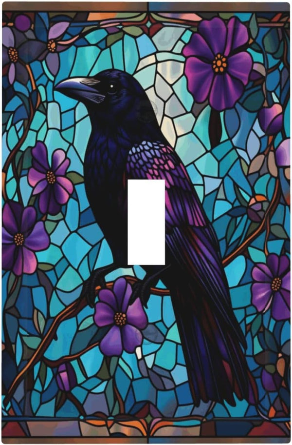 haigof Black Raven Stained Glass Art Light Switch Cover Wall Plate 1 Gang