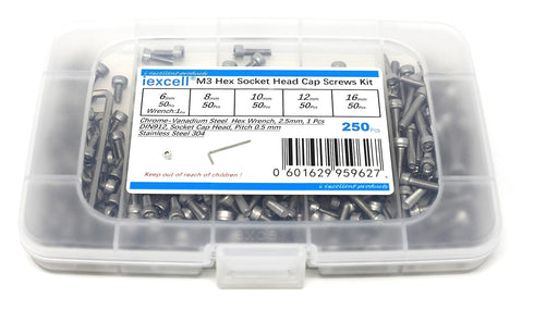 iexcell 250 Pcs M3 x 6/8/10/12/16mm Stainless Steel 304 Hex Socket Head Cap Screws Bolts Assortment Kit