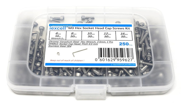 iexcell 250 Pcs M3 x 6/8/10/12/16mm Stainless Steel 304 Hex Socket Head Cap Screws Bolts Assortment Kit