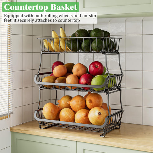 MJIMKE 3-Tier Countertop Rolling Cart with Wheels - Stackable Wire Baskets for Pantry Organization and Kitchen Storage