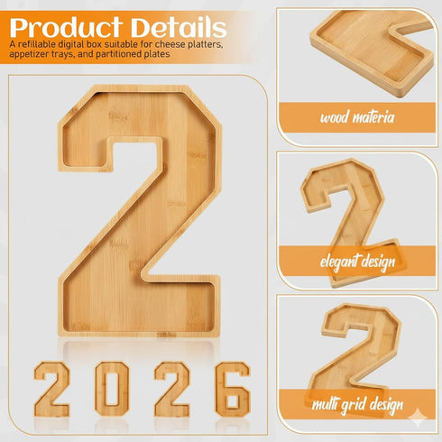 TWEJMZU 4 2-0-2-6 12 Inch 2026 Graduation Charcuterie Numbers, Pcs Fillable Wooden Tray, Divided Appetizer Cheese Board