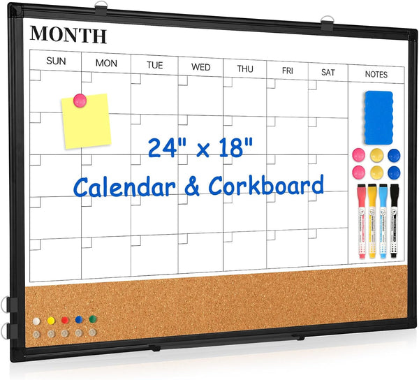 Monthly Calendar Whiteboard Dry Erase Cork Board Combo, 24" x 18" Magnetic Double-Sided Board