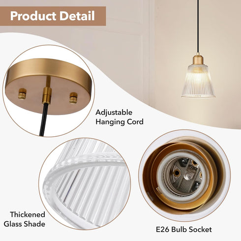 Mildear 5.8mm 1 Pack Pendant Light Kitchen Island, Modern Pendant Light Fixture with Thick Glass Shade, Adjustable Gold