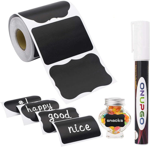 ONUPGO 180pcs Chalkboard Labels, Waterproof Reusable Blackboard Stickers with 1 Liquid Chalk Marker for Organizing