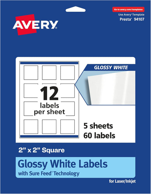 Avery Square Labels - Sure Feed Technology, 2" x 2", 60 Glossy White Labels (36475)