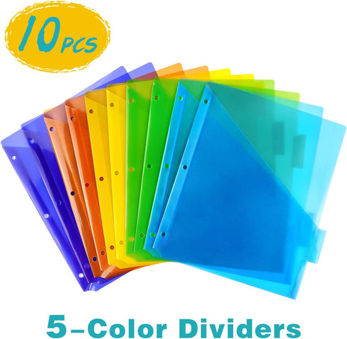 Multicolor Plastic Binder Dividers with One Front Pocket, Tab Binder Divider for 3 Ring Binder, 10 Pack