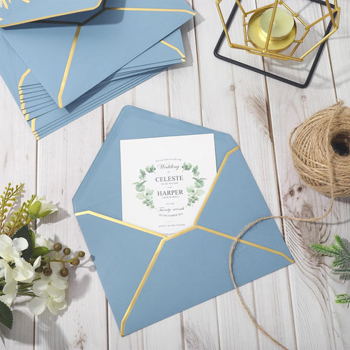 Whaline 50Pcs A7 Invitation Envelopes with Gold Border Dusty Blue Greeting Card Envelopes for Mailing (7.3x5.3 Inch)