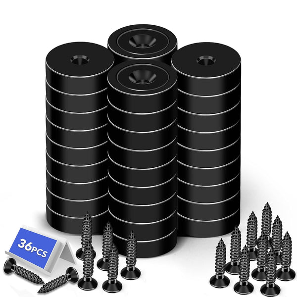 LOVIMAG 36Pcs Strong Waterproof Magnet, 30LBS Disc Magnets with Countersunk Hole and Screws, Black