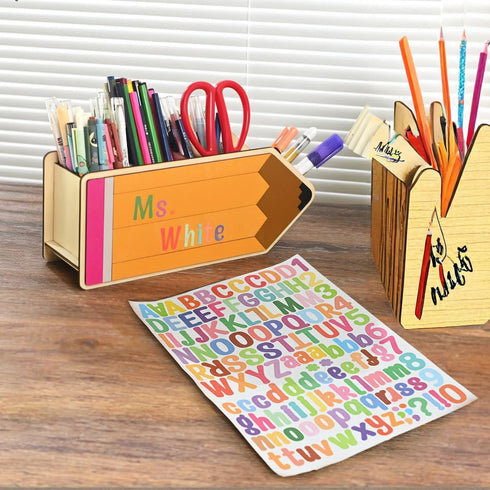 TINGKU 10" Wooden Pen Holder - Pencil Shape Supply Caddy for Teacher Appreciation Gifts, Classroom Organizer & Storage