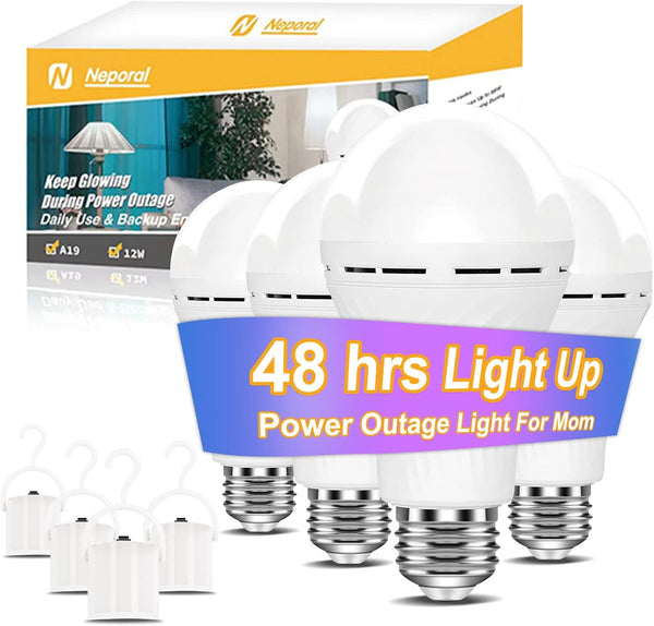 Neporal LITE Emergency Rechargeable Light Bulbs A19, E26 LED Bulb, 5000K, Light Up to 48 hrs, Emergency Lights