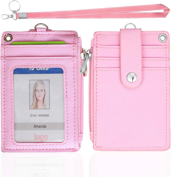HASFINE ID Badge Holder with Lanyard, 2 Sided 5 Card Slots Wallet with PU Leather Zipper Pocket, Pink