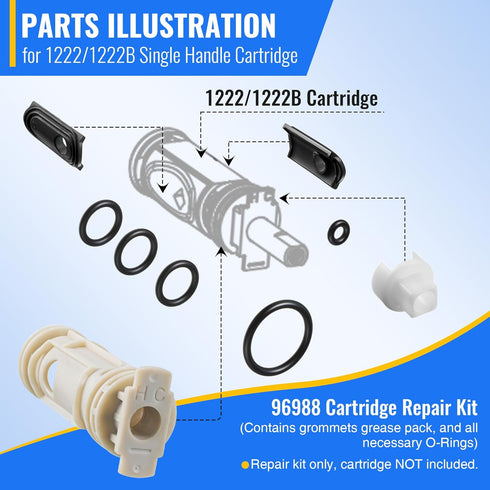 Dreyoo Cartridge Repair Kit Replacement for 96988, Compatible with Moen 1222/1222B Single Handle Tub and Shower Faucets