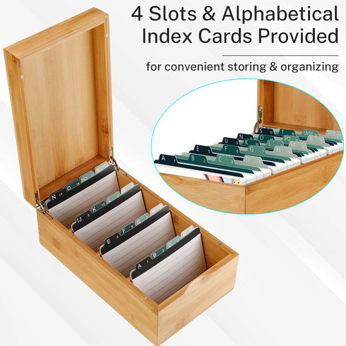 MaxGear Bamboo Index Card Holder, 3 x 5 Inch Organizer with 4 Dividers, Holds 600 Cards
