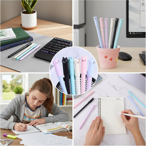 TIESOME 12Pcs 0.5mm Kawaii Cat Pens, Black Ink Cute Cat Style Gel Pens Stationary Supplies for Cat Lovers Women Kids