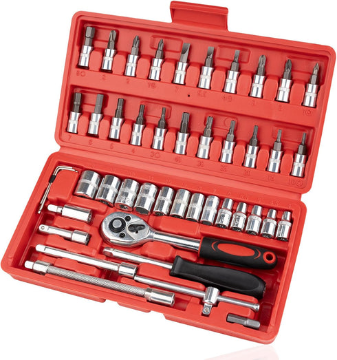 Beaiguna 46PCS Small Drive Socket Ratchet Wrench Screwdriver Set, 1/4 Inch Metric