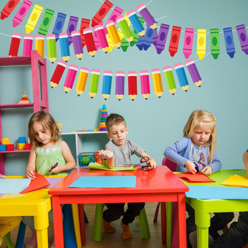 Doumeny 4Pcs Colorful Crayon Paper Banner Back to School Pencil Bunting Garland Colorful Pencil Hanging Bunting First