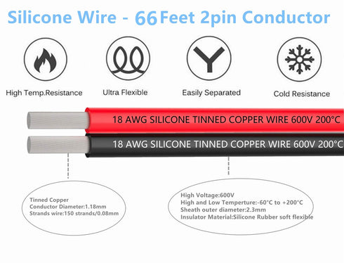 18 AWG Wire Electrical Wires - Flexible Silicone Wire 2 Conductor Parallel Wire (Black 66ft Red 66ft) Stranded