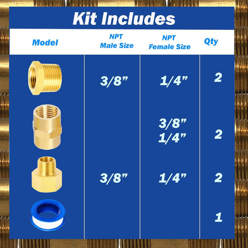 Brass Fitting 7pcs, 3/8" X 1/4" NPT Kit, Reducing Adapter, Reducing Hex Nipple, Hex Bushing by FLOFLEX
