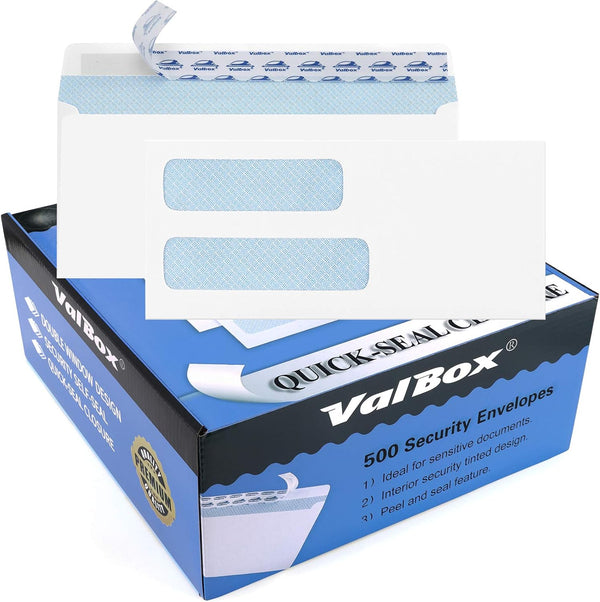 ValBox 500 Count #10 Double Window Envelopes, 4-1/8x9-1/2" Self Seal Security Envelopes for Invoices