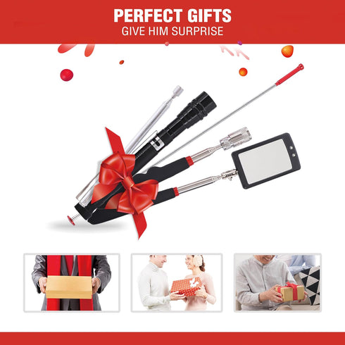 Magnetic Pick Up Kit 5pc, Includes 1lb and 10lb Rods, Inspection Mirror and Flexible LED Flashlight