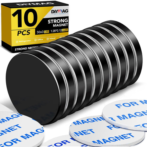 DIYMAG Black Powerful Neodymium Disc Magnets - Strong Rare Earth Magnets with Double-Sided Adhesive, Pack of 10
