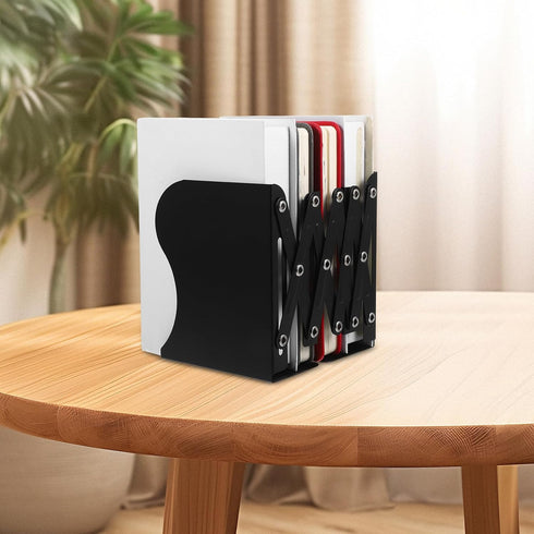 Retractable Large Black Metal Bookends for Desk, Adjustable Bookshelf Organizer and Notebook Holder, Convenient Book