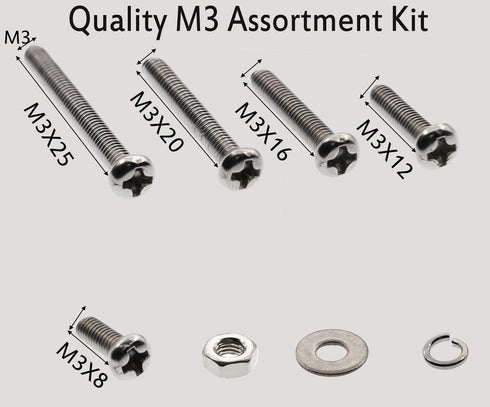 290pcs M3 Screws Assortment with Bolts, Nuts, Flat and Lock Washers, 304 Stainless Steel