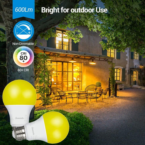 DEWENWILS LED Light Bulbs Outdoor, A19 Yellow Light Bulb, 9W(60W Equivalent), 600LM, 2400K Amber Glow, Non-Dimmable, E26 Medium Screw Base, UL Listed, 4 Pack by DEWENWILS