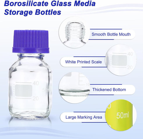 PATIKIL 8 Pack Reagent Media Storage Bottles, 50ml Borosilicate Glass Graduated Round Bottles, Clear