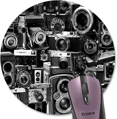 Retro Cool Camera Collection Design Round Mouse Pad, Vintage Camera Montage Circular Mouse Pads for Computers, Laptop
