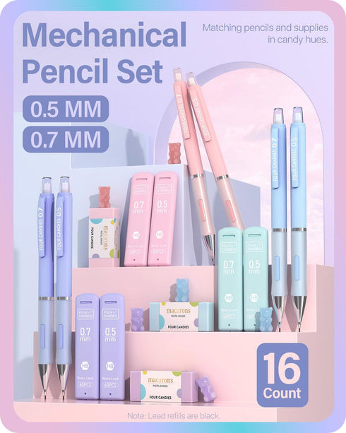 Four Candies Pastel Mechanical Pencil Set - 6PCS 0.5 mm & 0.7mm Pencils with 360PCS HB #2 Lead Refills for Students