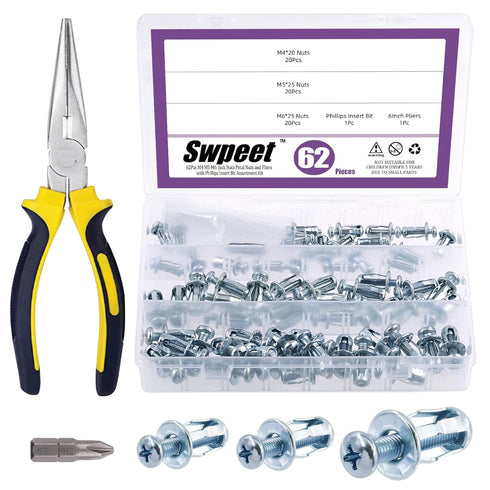 Swpeet 62Pcs M4 M5 M6 Jack Nuts with Long Needle Nose Pliers and Phillips Insert Bit for Hollow Wall Fixings