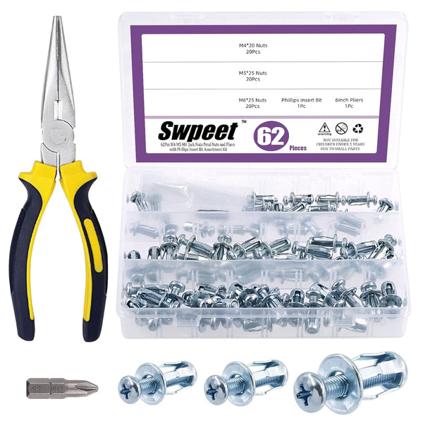 Swpeet 62Pcs M4 M5 M6 Jack Nuts with Long Needle Nose Pliers and Phillips Insert Bit for Hollow Wall Fixings