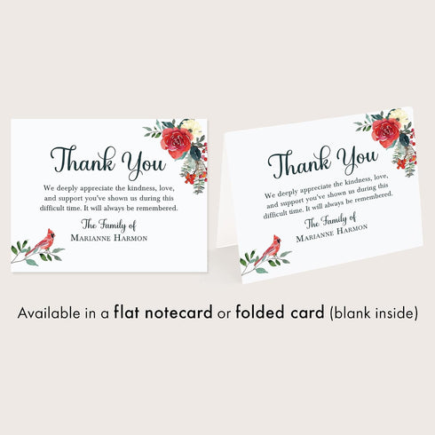 5.5" 4.25" Folded Sympathy Thank You Cards - Cardinal & Red Floral Watercolor Design, Personalized Nature Memorial