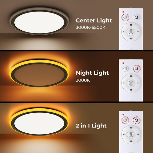 13in Dimmable 2000K, 3000K-6500K 24W BLNAN LED Flush Mount Ceiling Light Fixture with Remote Control, Night Light Wired